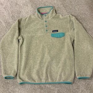 Patagonia Synchilla Cream Fleece Jacket with Teal Trim and Pink Binding
